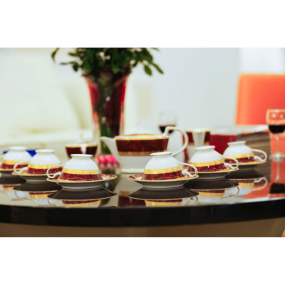 Bộ trà sứ xương cao cấp NORITAKE HEMINGWAY 4733 màu đỏ, mạ vàng - Xuất xứ Nhật Bản - Hàng chính hãng 