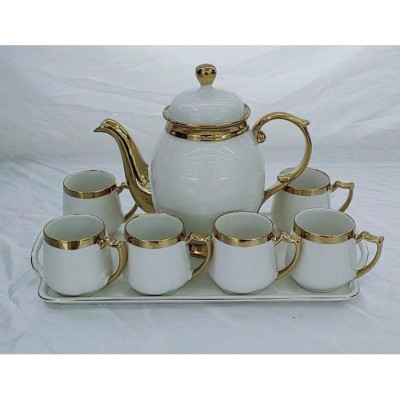 BỘ ẤM CHÉN KÈM KHAY SỨ PHA TRÀ CÀ PHÊ TRẮNG VIỀN VÀNG ẤM BẦU CAO ( GIAO NGẪU NHIÊN MẪU CHÉN ), HÀNG CAP