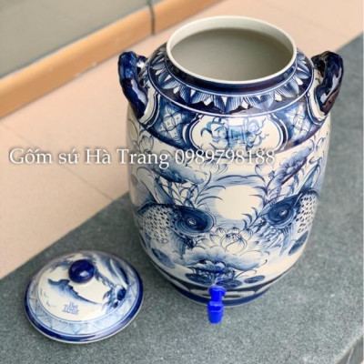 Bình nước 20 lit gốm sứ Bát Tràng cao cấp không chì vẽ hoạ tiết cá chép trông trăng