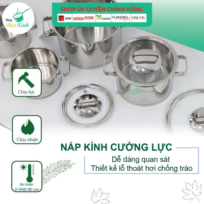 Bộ Nồi Inox 304 Cao Cấp Fivestar 3 Đáy Từ 4 Món Nắp Kính ( tặng 10 muỗng ăn )