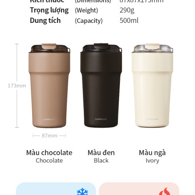 Ly giữ nhiệt 500ml LocknLock màu đen LHC4357BLK Metro Cafe Tumbler, Hàng chính hãng, Thép 304 không gỉ, có dây đeo tay - JoyMall
