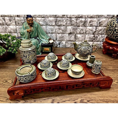 Bộ trà Bát Tràng khắc nổi hoa phù dung men rong