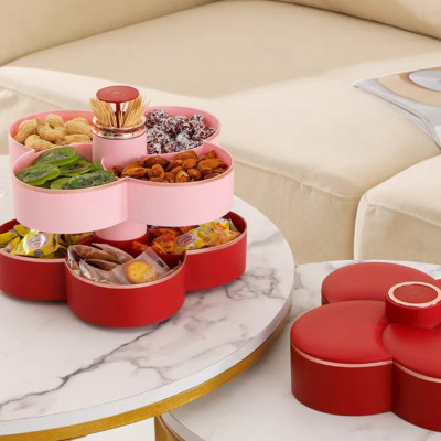 Khay đựng mứt tết Hoa Đào Tết 2 Tầng kèm lọ đựng tăn 2 in 1 - Khay đựng đồ ngày tết: Bánh kẹo, trái cây, đồ sấy...