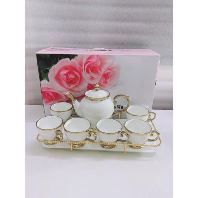 Bộ ấm chén kèm khay màu xanh khung kim loại mạ vàng màu trắng