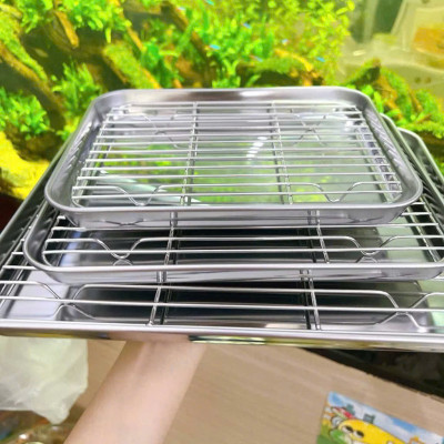 Khay Nướng Inox 304 Dày Dặn Kèm Vỉ Hấp Hình Chữ Nhật Dùng Nướng Bánh, Thực Phẩm - HÀNG CHÍNH HÃNG MINIIN