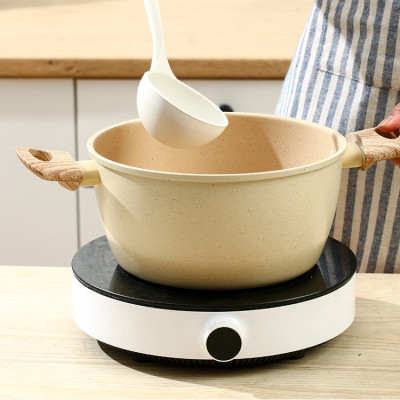 Nồi Đá Chống Dính Nhật Cao Cấp - Nồi Bếp Từ Vân Đá Có Quai Cầm Bằng Gỗ, Nắp Kính Sang Trọng