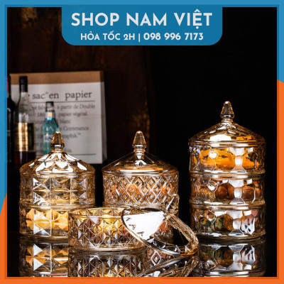 Hủ Mứt Thủy Tinh 2 Tầng Sang Trọng, Thố 2 Tầng Đựng Kẹo Mứt Tết