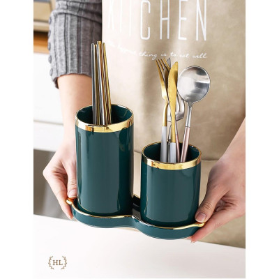 Hũ sứ đựng đũa có khay hứng nước đế liền | ỐNG ĐŨA 2 KẺ VÀNG KIM PHONG CÁCH RETRO 2022