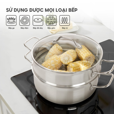 Xửng hấp 2 tầng Lebenlang LBL2537 và LBL2538, size 26, 28cm, vung kính, dùng cho mọi loại bếp - hàng chính hãng