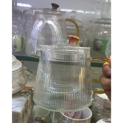 Ấm thủy tinh pha trà hoa chịu nhiệt kèm lõi lọc sọc quai vàng