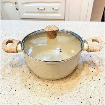 Nồi Đá Chống Dính Nhật Cao Cấp - Nồi Bếp Từ Vân Đá Có Quai Cầm Bằng Gỗ, Nắp Kính Sang Trọng