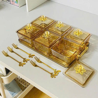 Khay Đựng Mứt Tết 6 Hũ Thủy Tinh Sang Trọng Cao Cấp, Hũ Đựng Bánh Kẹo, Các Loại Hạt - Thố Thủy Tinh Đựng Bánh Kẹo- HÀNG CHÍNH HÃNG MINIIN