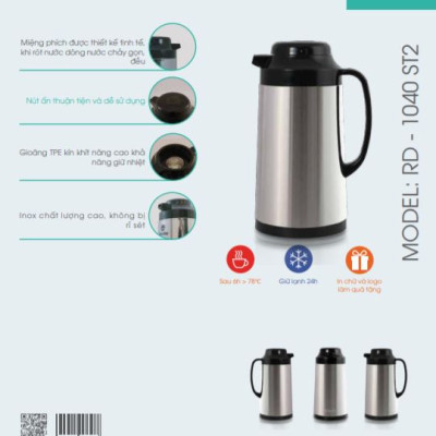 Phích pha trà giữ nhiệt dung tích 1 lít Rạng Đông, vỏ inox, nắp nhựa, Model: RDD1040 ST2-1L