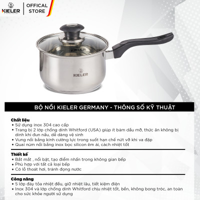 Chảo sốt có nắp cao cấp KIELER đáy từ 16cm nấu nhanh, tiết kiệm điện, có 2 lớp chống dính Whitford RW1222-C16