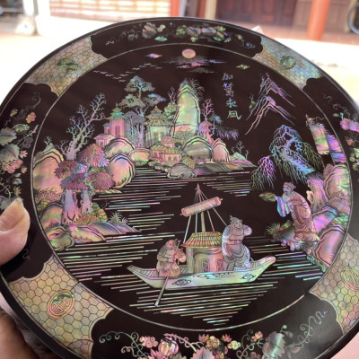 Tráp tròn gỗ gụ đựng bánh kẹo ,trầu cau khảm ốc đỏ singgapore