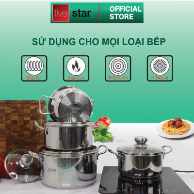 Bộ nồi chảo 3 đáy inox 403 Fivestar 5 món nắp kính tặng 5 muỗng ăn( N16cm x N18cm xN20cm x N24cm x chảo 24cm)