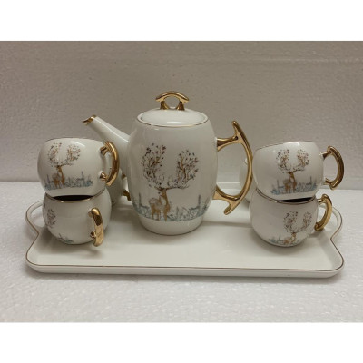 Bộ ấm chén kèm khay sứ pha trà trắng họa tiết hươu rừng