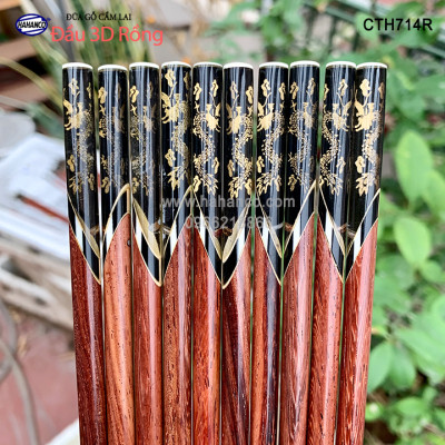 Đũa gỗ Cẩm Lai - đầu đũa cẩn 3D chìm - Rồng/Cá/Trúc (10 đôi/Hộp) CTH714 - Sang trọng trên bàn ăn
