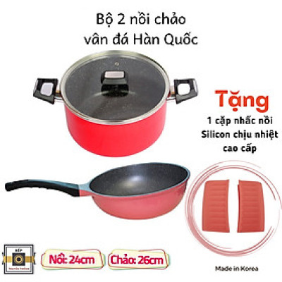 Tặng cặp nhấc nồi cao cấp- Combo 2 món, nồi chống dính vân đá Kimscook size 24 cm và Chảo đúc chống dính vân đá Ecoramic sâu lòng 26 cm, dùng được mọi loại bếp( trừ bếp từ)