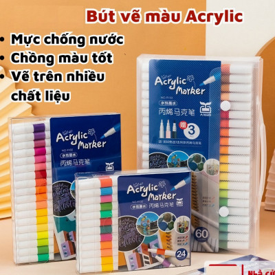 Bút lông tô màu Crylic Marker 60 màu cao cấp vẽ trên nhiều chất liệu, không thấm nước, chống nhòe dành cho học sinh - Hàng chính hãng 