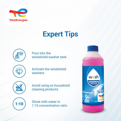 Nước rửa kính lái đậm đặc tỉ lệ 1:10 Total Energies TE-SW250 250ml - Làm sạch vết bẩn, ngăn chặn côn trùng, đổ vào két nước trước, pha để tẩy mốc kính