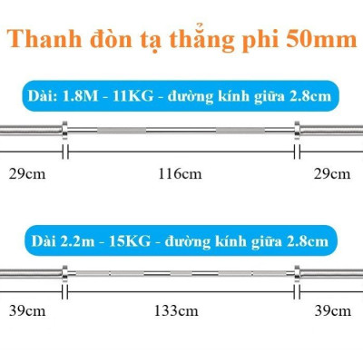 Thanh đòn tạ thẳng phi 50, chất liệu thép mạ inox 1.8m + 2 kẹp khóa