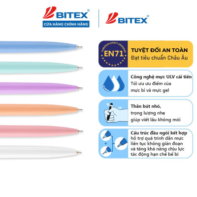 Combo 05 Bút bi Bitex B04 mực ULV màu xanh tip ngòi 0.5mm ( thân màu ngẫu nhiên)