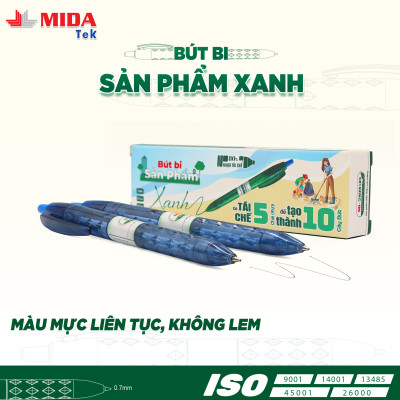 Bút bi xanh dương MIDATEK 3 cây/ hộp, nguyên liệu nhựa tái chế