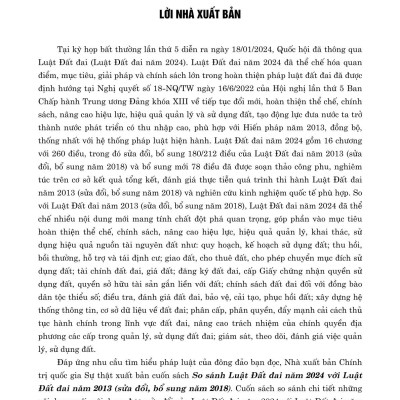 So sánh Luật Đất đai năm 2024 với Luật Đất đai năm 2013 (sửa đổi, bổ sung năm 2018) (bản in 2024)