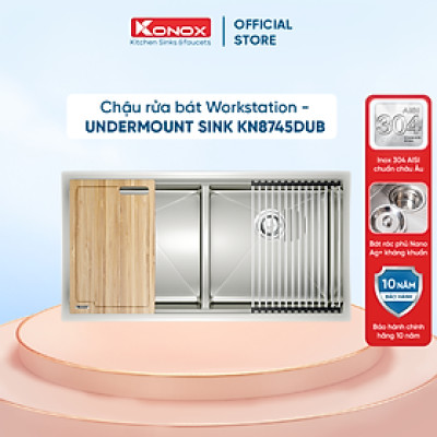 Chậu rửa bát Konox, Undermount Series, Model KN8745DUB, Inox 304AISI tiêu chuẩn châu Âu, Hạ bậc tích hợp, 870x455x220(mm), Hàng chính hãng
