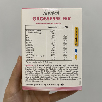Suvéal Grossesse - Fer: Vitamin Tổng Hợp Cho Bà Bầu Cao Cấp Từ Pháp, Bổ Sung Đầy Đủ Vitamin Khoáng Chất, Ngăn Ngừa Dị Tật Thai Nhi, Tiền Sản Giật Và Tiểu Đường Thai Kỳ, Không Gây Táo Bón