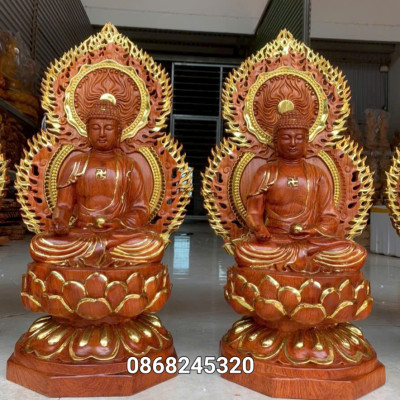 Bộ tượng thất phật được sư bằng gỗ hương đá kt cao 40×20cm +lá chắn hào quang cao tổng 54cm 