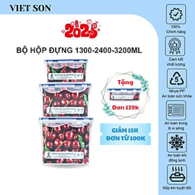 [TẶNG KHAY RÁO NƯỚC] Bộ 3 Hộp Đựng Thực Phẩm VIETSON (1300,2400,3200ml) Nắp Khóa 4 Cạnh Kín Hơi