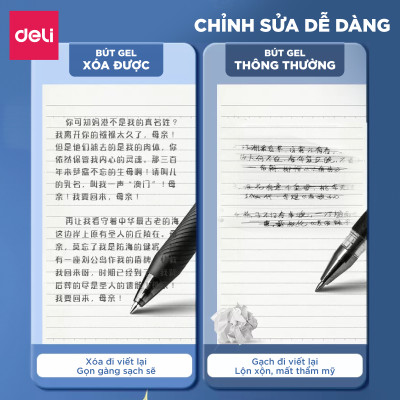 Bút Gel Xóa Được Mực Xanh DELI - Bút Gel Bút Bi Mực Nước Bút Gel Bấm Ngòi 0.5mm, Viết Trơn Mượt Có Gôm Trên Nắp