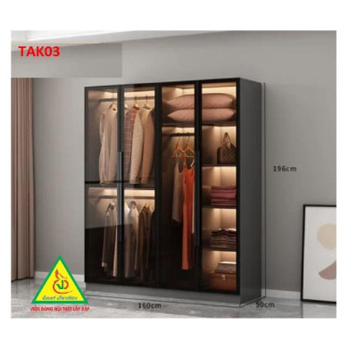 Tủ quần áo gỗ MDF cánh kính cường lực khung nhôm TAK03A - Nội thất lắp ráp Viendong Adv