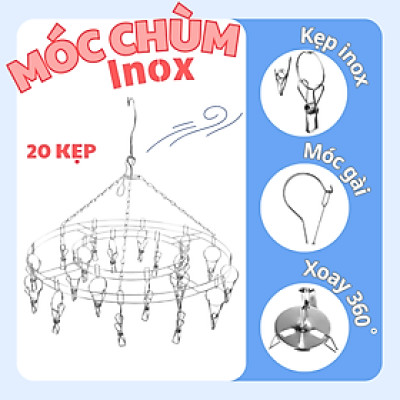Móc chùm, móc phơi đồ 20 cái kẹp inox không rỉ - Móc phơi đồ trẻ em treo được nhiều đồ - Chịu lực tốt