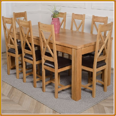 Bộ bàn ghế phòng ăn gỗ sồi Tundo màu vàng tự nhiên 1m8 + 8 ghế nệm lưng X