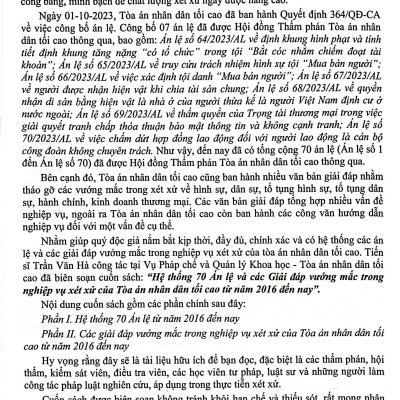 Hệ Thống 70 Án Lệ Và Các Giải Đáp Vướng Mắc Trong Nghiệp Vụ Xét Xử Của Tòa Án Nhân Dân Tối Cao Từ Năm 2016 Đến Nay