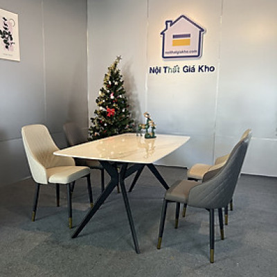 Bộ bàn ăn mặt đá Ceramic bóng chân chữ H kết hợp ghế Louis