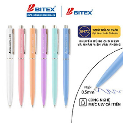Combo 05 Bút bi Bitex B04 mực ULV màu xanh tip ngòi 0.5mm ( thân màu ngẫu nhiên)