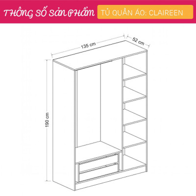 Tủ quần áo 3 cánh bằng gỗ tiện dụng SMLIFE Claireen