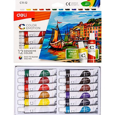 Màu nước Gouache dạng tuýp 12ml Deli 5/12/24 màu-Tặng kèm pallete gỗ 12 cọ
