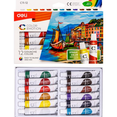 Màu nước Gouache dạng tuýp 12ml Deli  5/12/24 màu,Tặng kèm pallete Nhựa pha màu