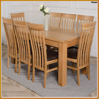 Bộ bàn ghế phòng ăn gỗ sồi Tundo màu vàng tự nhiên 1m8 + 8 ghế nệm lưng 5 nan 