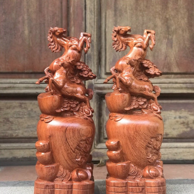 Tượng con ngựa song mã uyên ương bằng gỗ hương đá kt cao 50×22×15cm