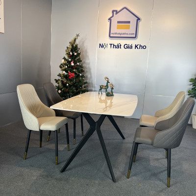 Bộ bàn ăn mặt đá Ceramic bóng chân chữ H kết hợp ghế Louis