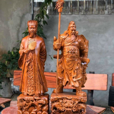 Cặp đôi văn võ song toàn tượng khổng minh gia cát lượng và quan công bằng gỗ hương kt 40×14×13cm