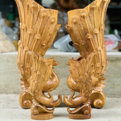 Đôi chim công cắm hoa tranh trí nghệ thuật bằng gỗ bách xanh kt cao 50×20×18cm