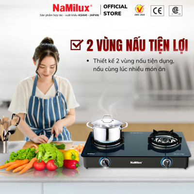 Bếp Gas Đôi Mặt Kính Cao Cấp NaMilux NH-DL3416PG/DL2461PG - Công Suất 2.8 kW/giờ/lò phải - Kiềng Bếp Tráng Men -Hàng Chính Hãng