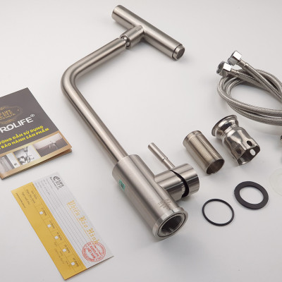 Vòi rửa chén nóng lạnh Inox SUS 304 nguyên khối đầu vòi xoay 360 độ Eurolife EL-T031 (Trắng vàng)